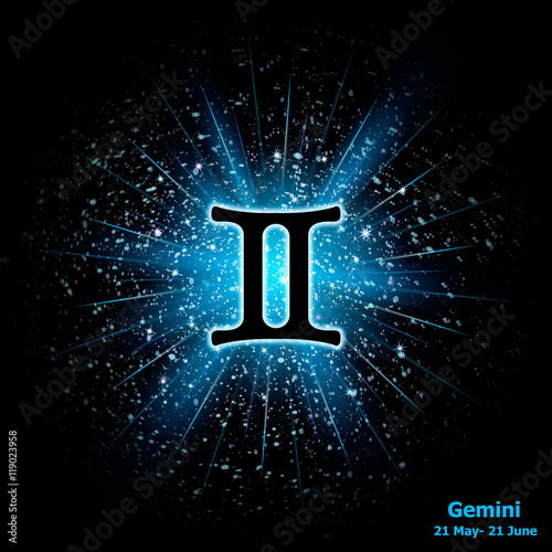 Zodiac sign Gemini on cosmic explosion background.