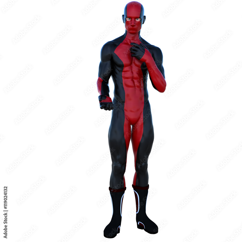 one young superhero man with muscles in red black super suit. He stands and holds out his hand waiting to take something one young superhero man with muscles in red black super suit. He stands and holds out his hand waiting to take something