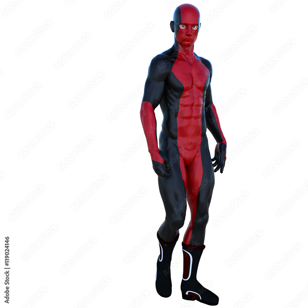 one young superhero man with muscles in red black super suit. He looks directly into the camera, walking a cautious step one young superhero man with muscles in red black super suit. He looks directly into the camera, walking a cautious step