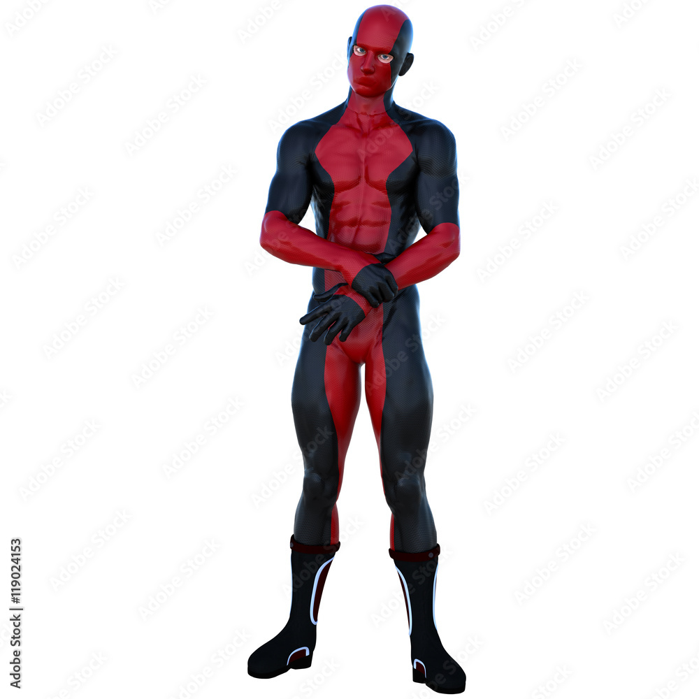 one young superhero man with muscles in red black super suit. He stands with a stern look in the pose of the guard