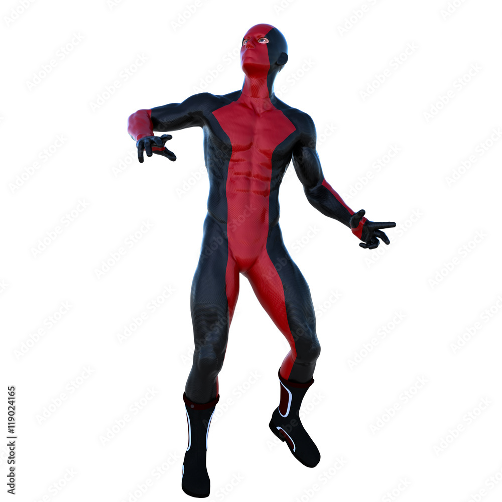 one young superhero man with muscles in red black super suit. He is in the rough position in anticipation of attack from the sky one young superhero man with muscles in red black super suit. He is in the rough position in anticipation of attack from the sky