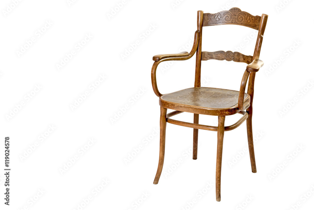 Old wooden chair with armrests isolated on the white background. Old wooden chair with armrests isolated on the white background.
