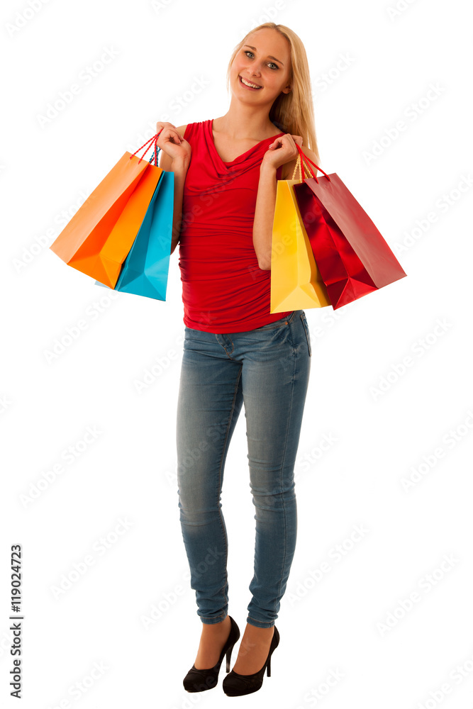 Beautiful young woman with shopping bags consumerism isolated ov