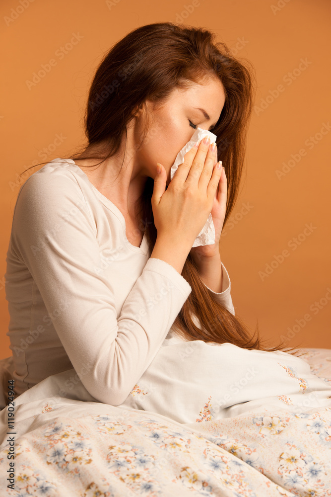 illness flu - Young Woman Lying On Bed Infected With Allergy Blo illness flu - Young Woman Lying On Bed Infected With Allergy Blo