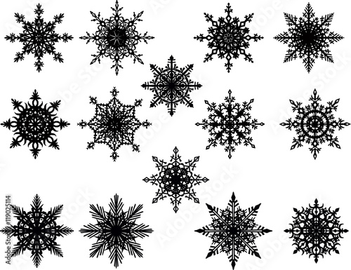 fourteen isolated black snowflakes set