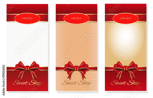 Set festive background with red bows and copy space. Booklet cover design templates collection. Vector illustration