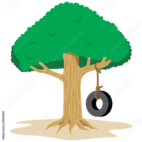 Illustration of a swing made from old tire in a tree. Ideal for educational material and institutional