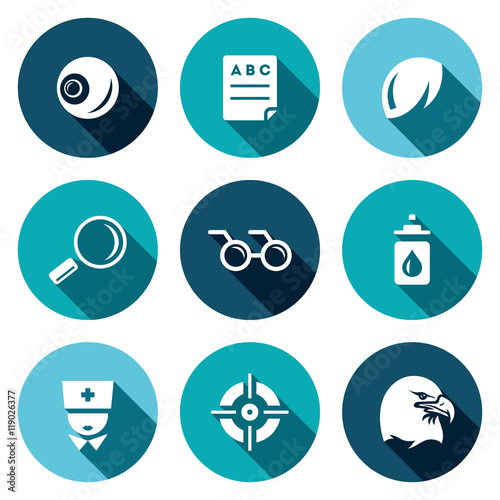 Vector Set of Human Vision Icons. Eye, Braille, Lens, Surveillance, Blindness, Prevention, Optometrist, Laser Correction, Acuity.