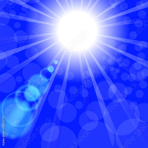 Abstract Sun Background. Blue Summer Pattern. Bright Background with Sunshine. SunBurst with Flare and Lens.