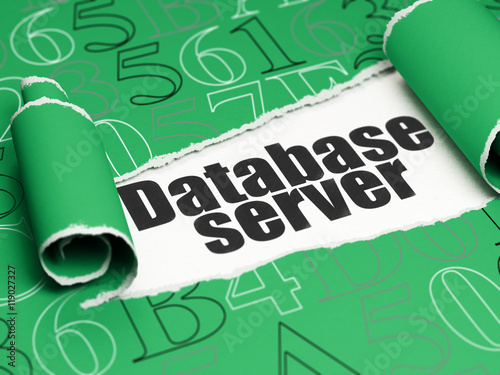 Database concept: black text Database Server under the piece of  torn paper
