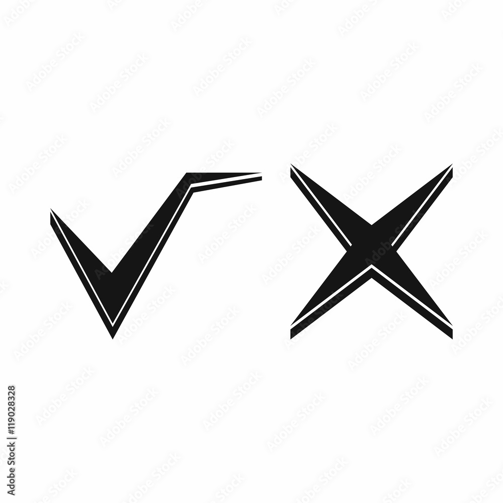 Tick and cross icon in simple style isolated on white background. Click and choice symbol Tick and cross icon in simple style isolated on white background. Click and choice symbol