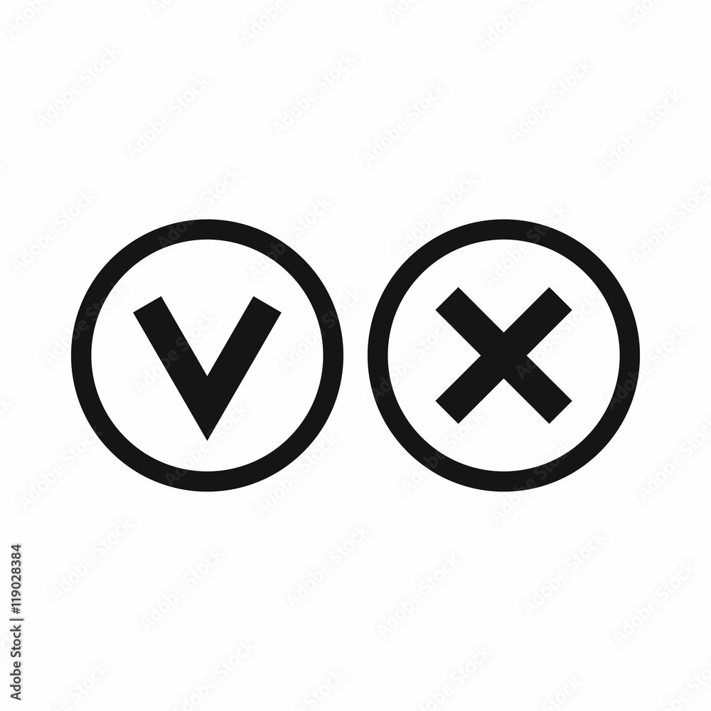 Signs of choice of tick and cross icon in simple style isolated on white background. Click and choice symbol Signs of choice of tick and cross icon in simple style isolated on white background. Click and choice symbol