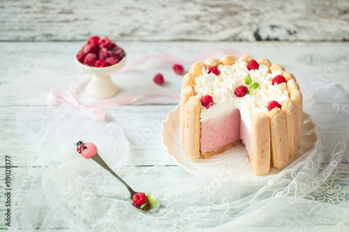 Tiramisu cake charlotte decorated with raspberry