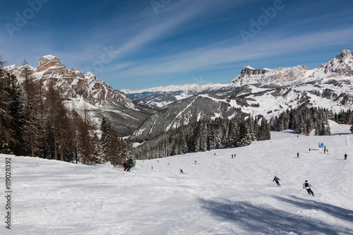 View of the Sassongher with snow in the Italian Dolomites