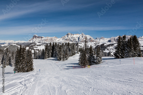 View of the Alpe di Fanes cliffs in winter  with the peaks Conturines and Piz Lavarella  Alta Badia  Italian Dolomites.