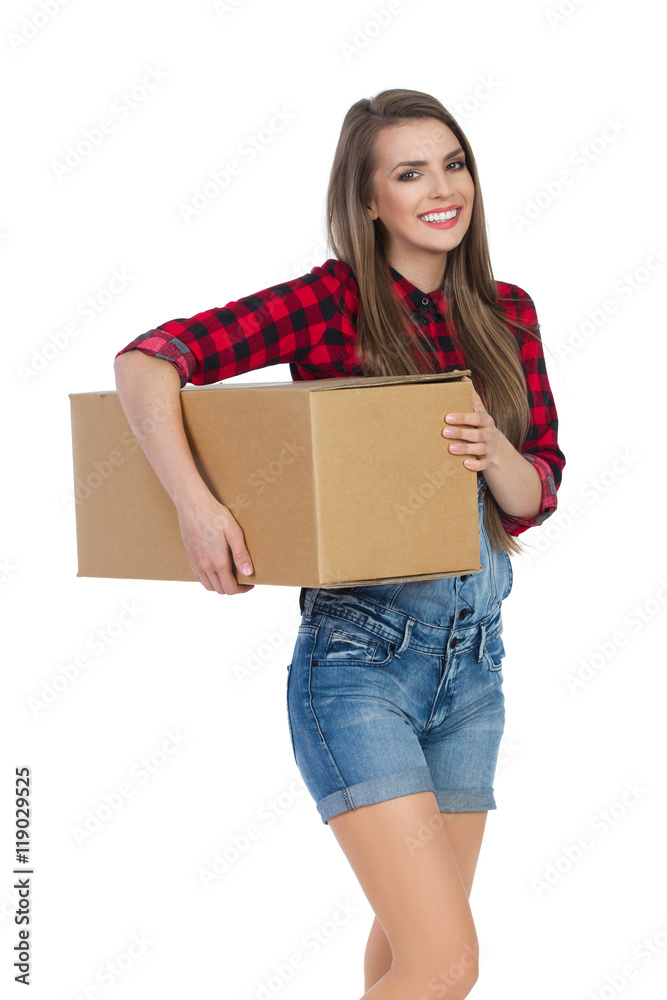 Smiling Woman In Lumberjack With A Delivery Smiling Woman In Lumberjack With A Delivery