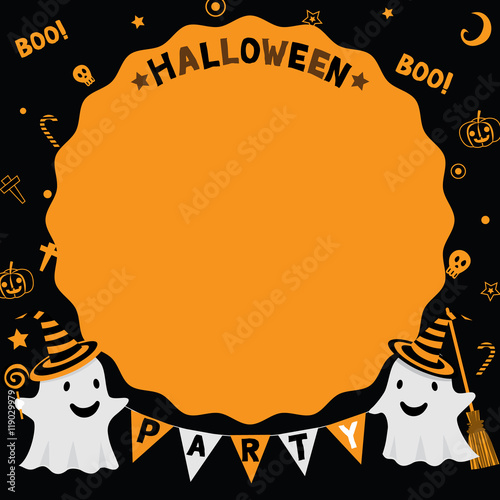 Halloween party card with ghost and symbol pattern