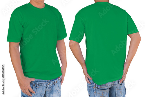 Man wearing blank green t-shirt with clipping path, front and b