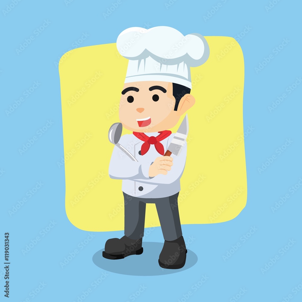 chef holding knife and soup spoon