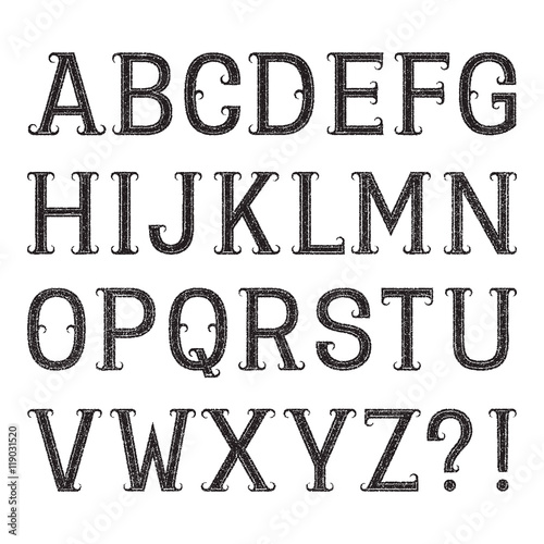 Set of black letters of grainy texture. Font in grunge style. Isolated latin alphabet.
