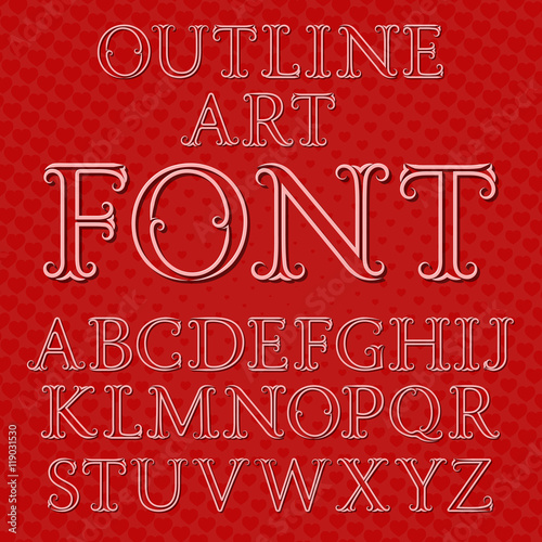 Outline letters with flourishes and translucent shadows. Outline vector art font. Pink volumetric isolated letters on red hearts background. Vintage font in pop art style.