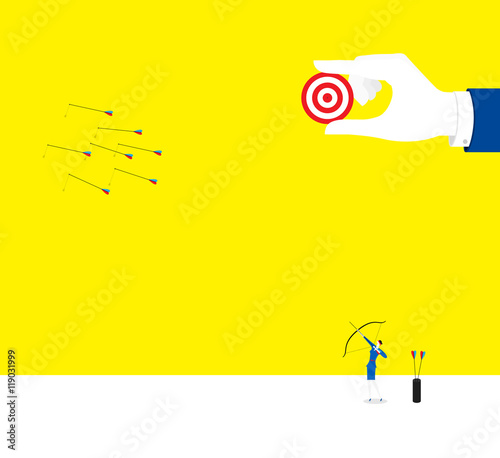 Blindly work / A business woman cover eyes, and shot arrows with a bow.