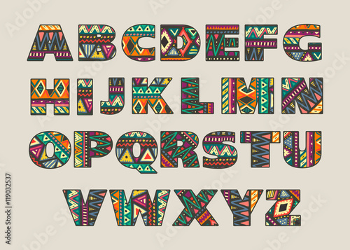 Vector set of ornate capital letters with abstract ethnic patterns.