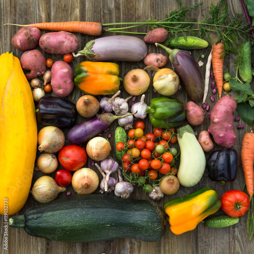 Fresh Organic Vegetables. Autumn Harvest Concept. Potatoes, toma