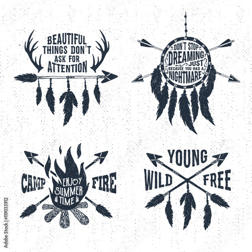 Hand drawn tribal labels set with bonfire, arrows, dream catcher, and feathers vector illustrations and inspirational lettering.