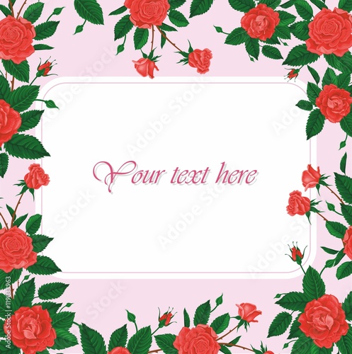 Greeting card with rose flower. Elegance wedding invitation. Romantic postcard. Vector floral border.