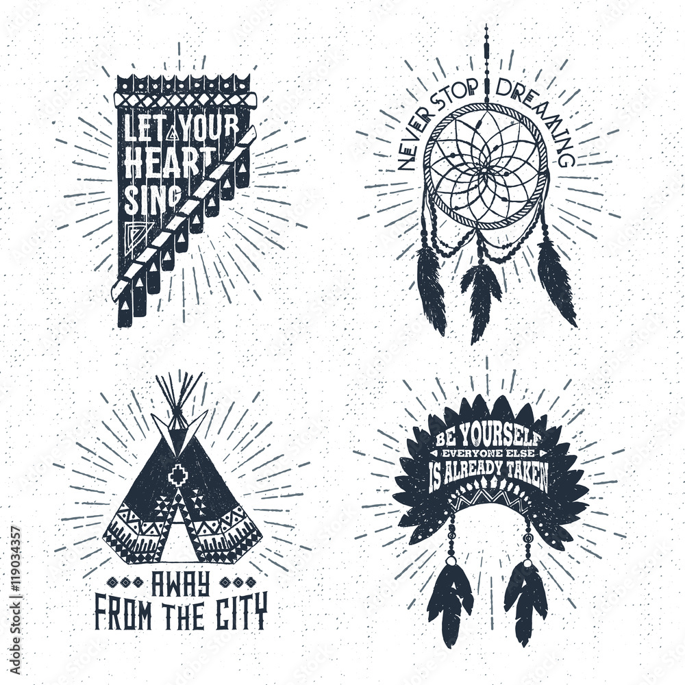 Hand drawn tribal labels set with pan flute, dream catcher, teepee, and  headdress vector illustrations and inspirational lettering. Stock Vector |  Adobe Stock