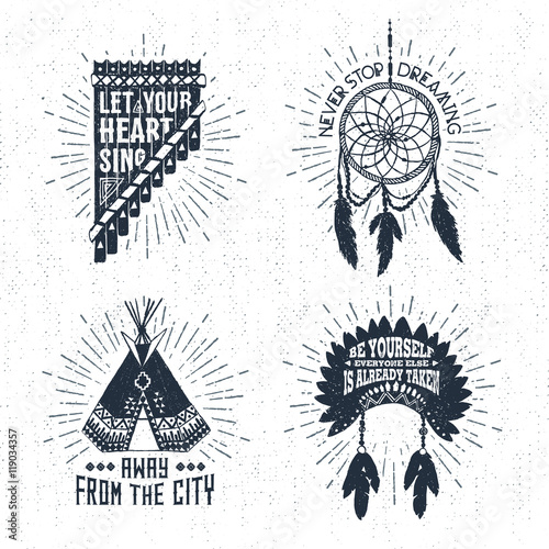 Hand drawn tribal labels set with pan flute, dream catcher, teepee, and headdress vector illustrations and inspirational lettering.