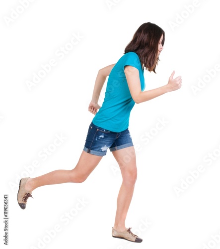 back view of running  woman. beautiful brunette girl in motion. backside view of person.  Rear view people collection. Isolated over white background.