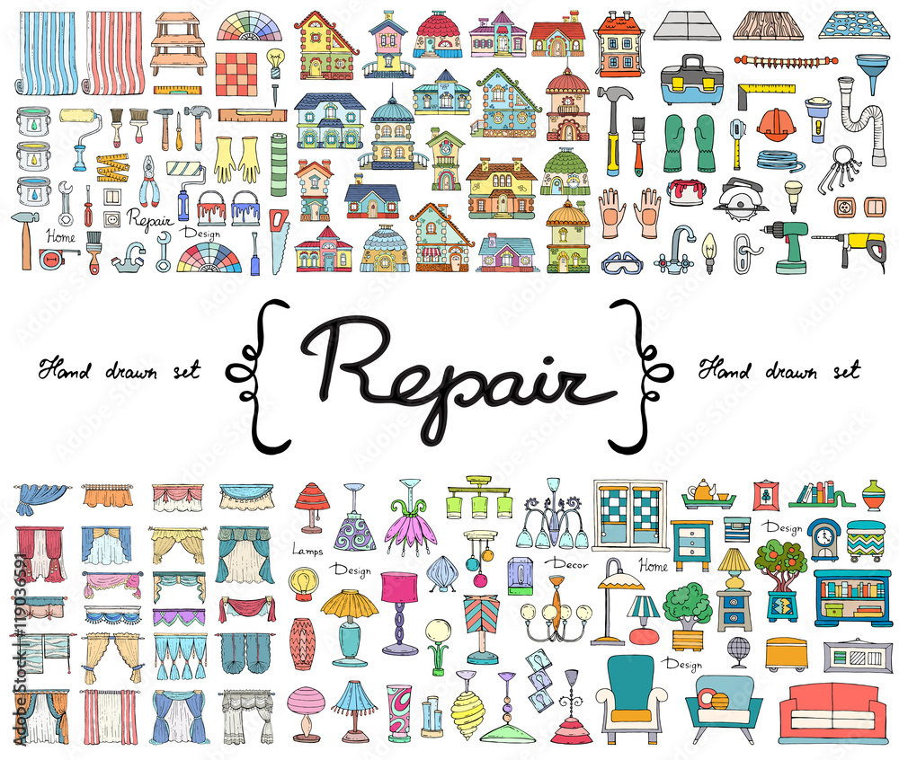 Vector set with hand drawn colored doodles on the  theme of repair. Flat illustrations of furniture, curtains, lamps, houses, building tools. Sketches for use in design