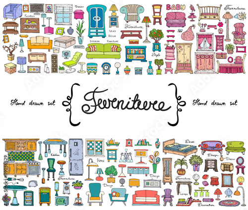 Vector set with hand drawn colored doodles on the  theme of furniture. Flat illustrations of objects for decoration and interior. Sketches for use in design