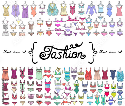 Vector set with hand drawn colored doodles on the  theme of fashion. Flat illustrations of lingerie and swimsuits for women. Sketches for use in design