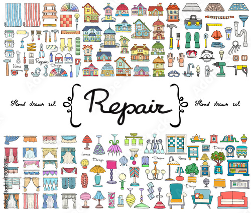 Vector set with hand drawn colored doodles on the  theme of repair. Flat illustrations of furniture, curtains, lamps, houses, building tools. Sketches for use in design