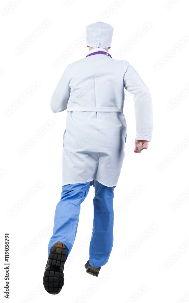 Back view of running doctor in a robe hurrying to help the patient. Walking guy in motion. Rear view people collection. Backside view of person. Isolated over white background.
