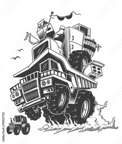 construction truck on back wheels and smoke with different home goods inside.