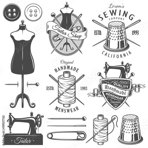 Set of vintage monochrome tailor tools and emblems.