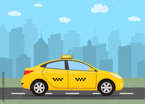 Yellow taxi car in front of city silhouette