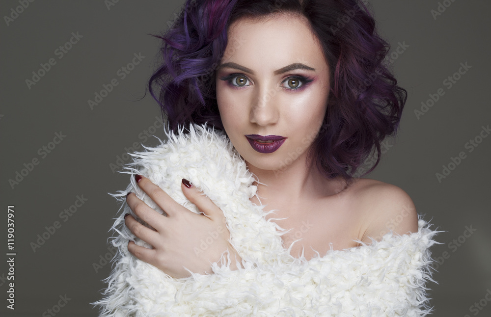 Portrait of beautiful fashion model with violet hair Portrait of beautiful fashion model with violet hair