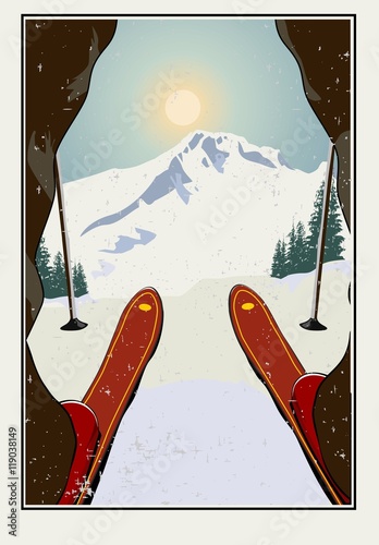 Vintage vector illustration. Skier getting ready to descend the mountain. Winter background. Grunge effect it can be removed.