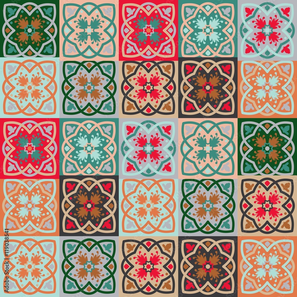 Gorgeous seamless mix pattern from colorful floral Moroccan, Portuguese tiles, Azulejo, ornaments. Can be used for wallpaper, pattern fills, web page background,surface textures.