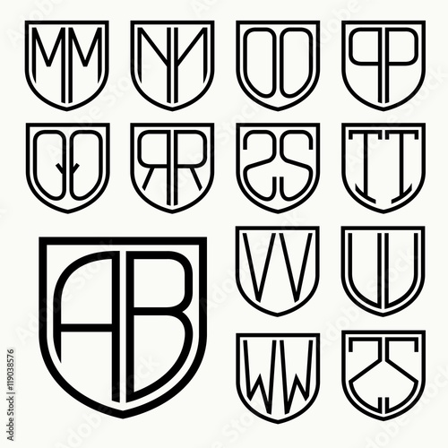 Set 2 of template letters inscribed in the shield for the creation of logos, monograms, emblem