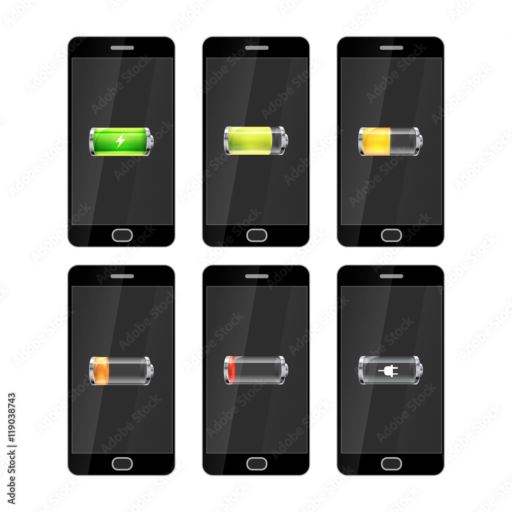Six black smartphones with glossy batteries icons with different charge level Six black smartphones with glossy batteries icons with different charge level