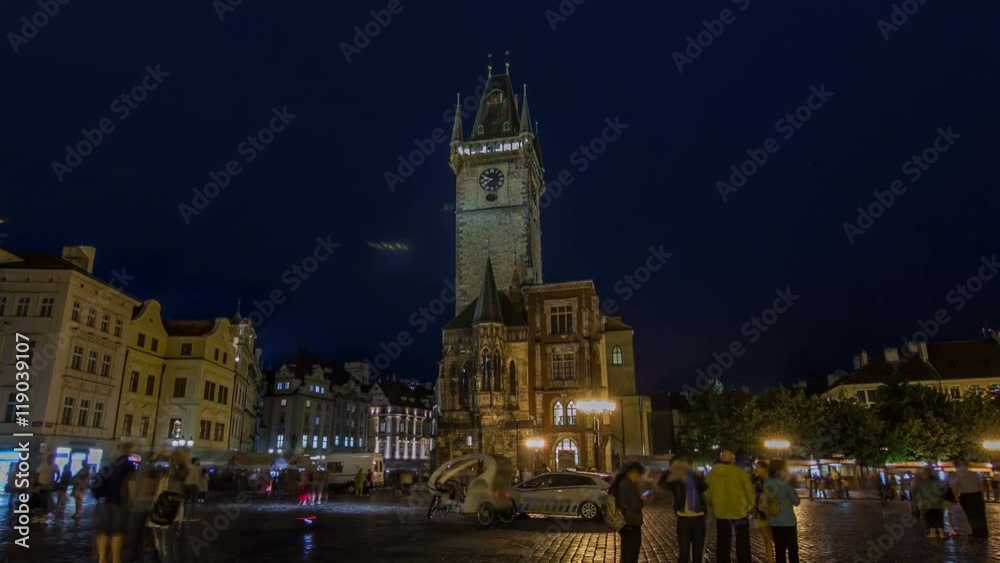 Prague Old Town Hall at Night timelapse hyperlapse with unrecognizable tourists walking Prague Old Town Hall at Night timelapse hyperlapse with unrecognizable tourists walking