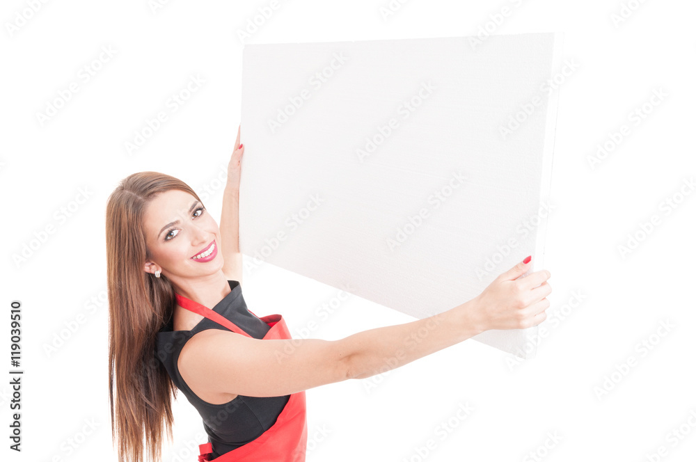 Smiling seller rising up empty billboard Smiling seller rising up empty billboard