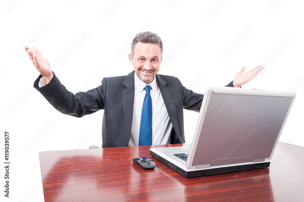 Cheerful businessman acting friendly and rising hands up Cheerful businessman acting friendly and rising hands up