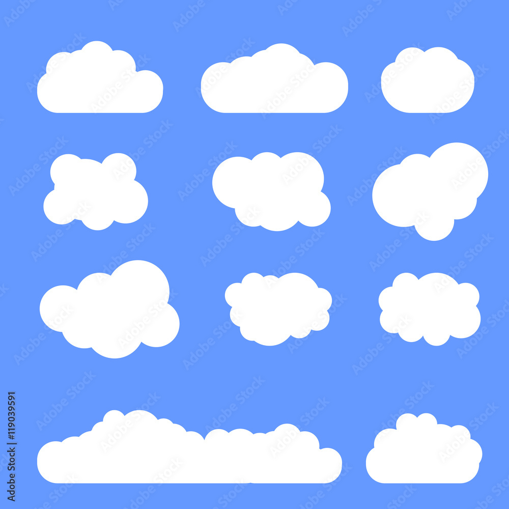 Clouds Collection. Illustration of a set of various cartoon clouds on a blue sky